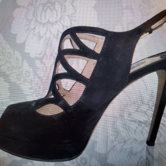 Shoes - Prada Black Suede Peep-Toe Platform Heels | Ankle Strap Sandals